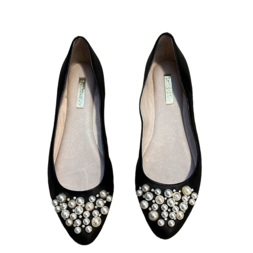 Louise et Cie Arella black leather ballet flats pearl-embellished toe Sz 8.5
